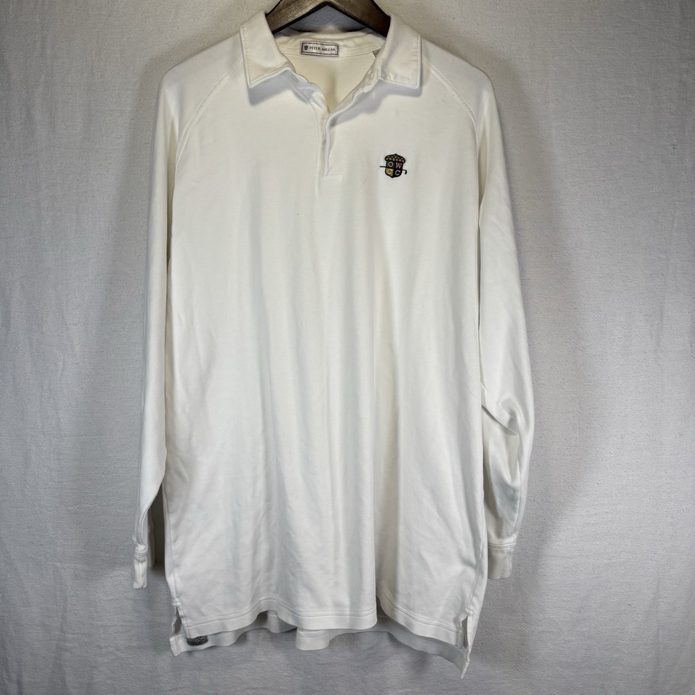 Peter Millar Men's‎ XL White 100% Cotton Long Sleeve Polo Shirt Embroidered